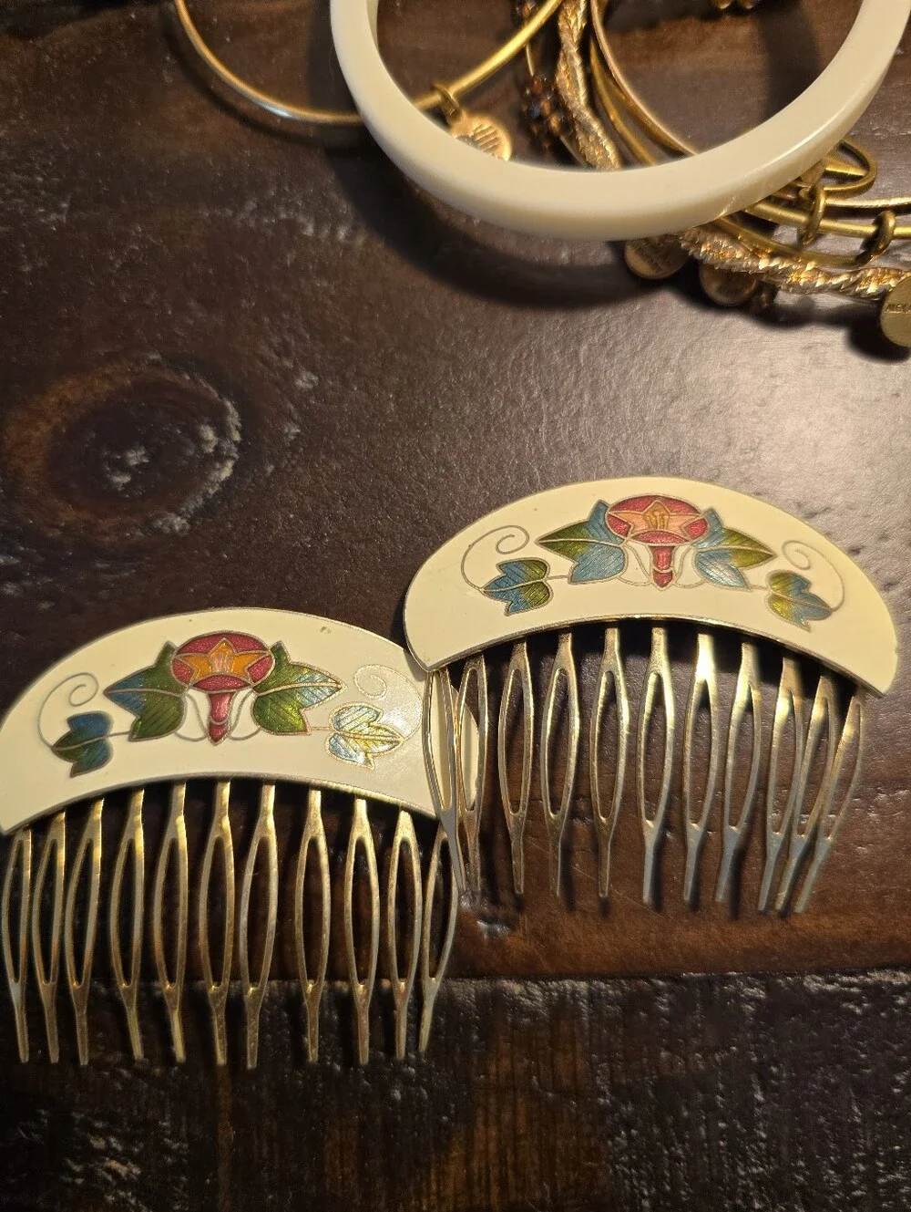 Vintage Cloisonné Enamel Floral Hair Combs Pair Brass Art Nouveau